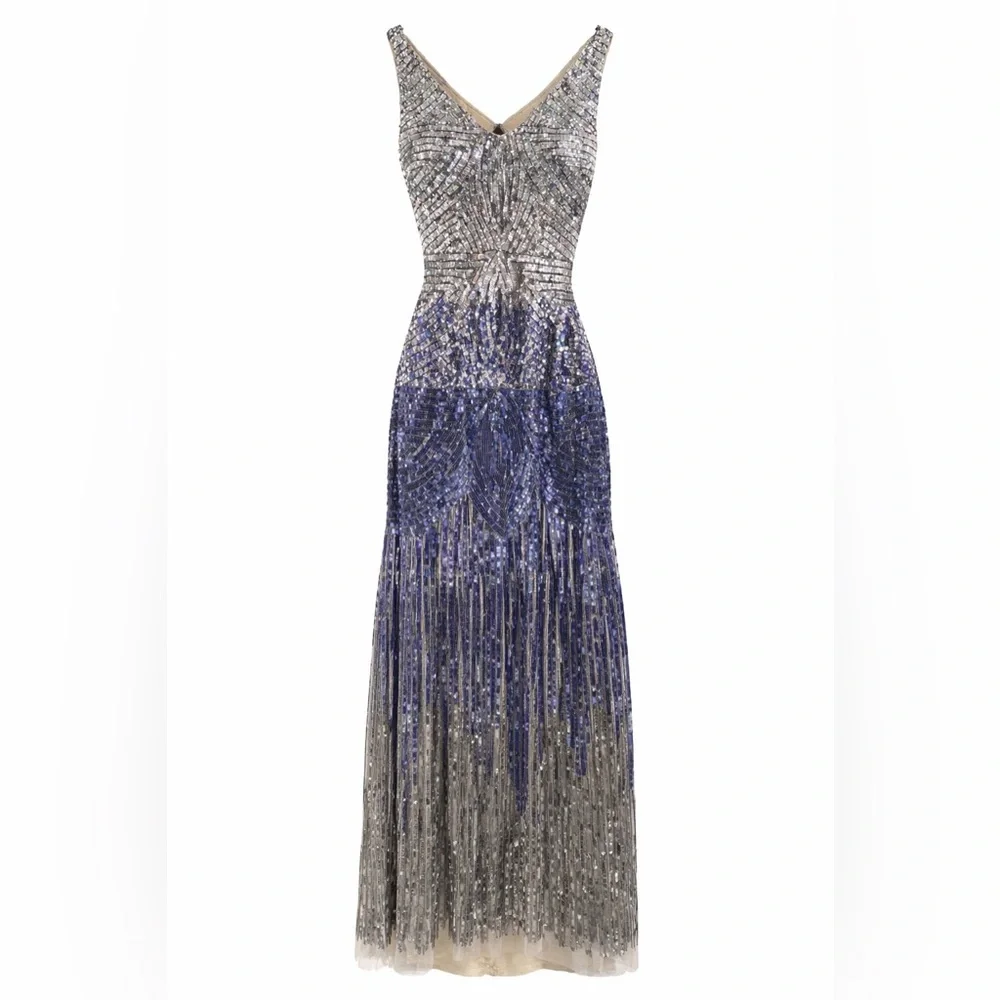 Adrianna Papell Beaded Ombre Evening Dress Size 8 Sleeveless V-Neck Formal Gown - Picture 2 of 6